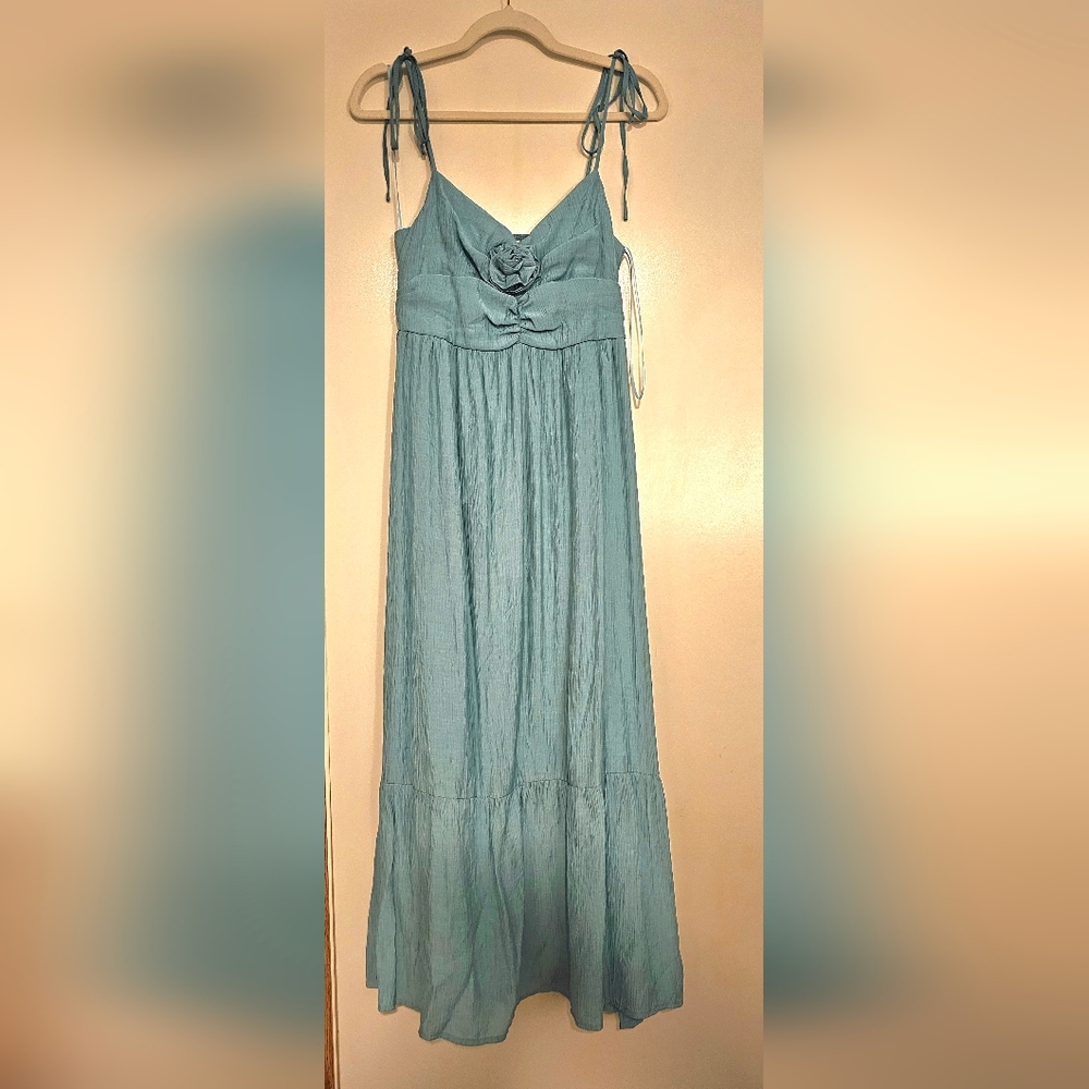 Light Blue Tie-Strap Maxi Dress with Rosette Detail